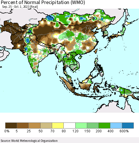 Asia Percent of Normal Precipitation (WMO) Thematic Map For 9/25/2023 - 10/1/2023