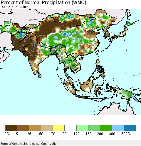 Asia Percent of Normal Precipitation (WMO) Thematic Map For 10/2/2023 - 10/8/2023