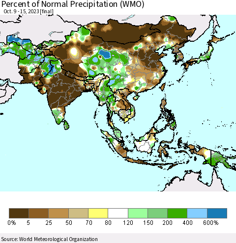 Asia Percent of Normal Precipitation (WMO) Thematic Map For 10/9/2023 - 10/15/2023