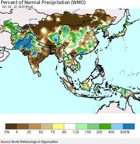 Asia Percent of Normal Precipitation (WMO) Thematic Map For 10/16/2023 - 10/22/2023