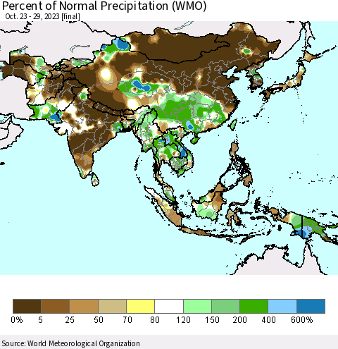 Asia Percent of Normal Precipitation (WMO) Thematic Map For 10/23/2023 - 10/29/2023