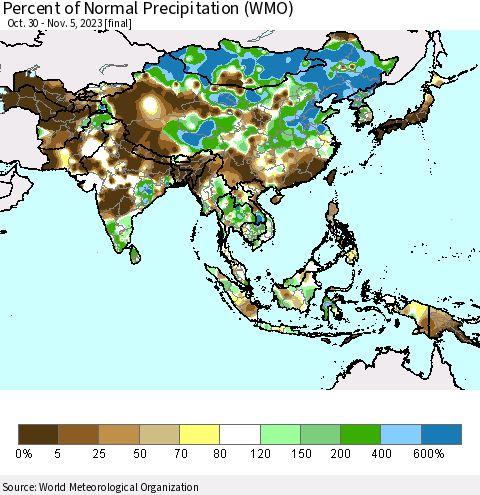 Asia Percent of Normal Precipitation (WMO) Thematic Map For 10/30/2023 - 11/5/2023