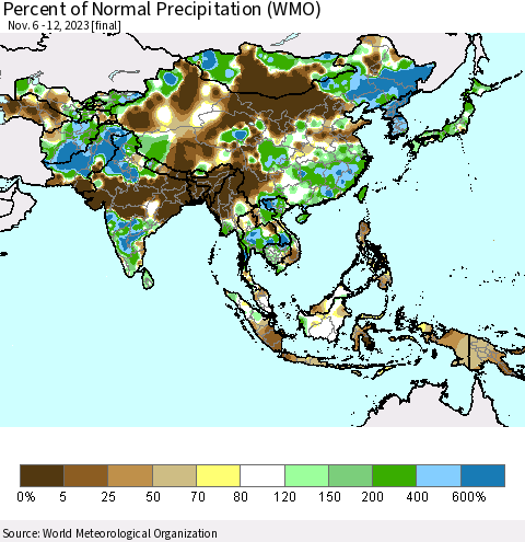 Asia Percent of Normal Precipitation (WMO) Thematic Map For 11/6/2023 - 11/12/2023