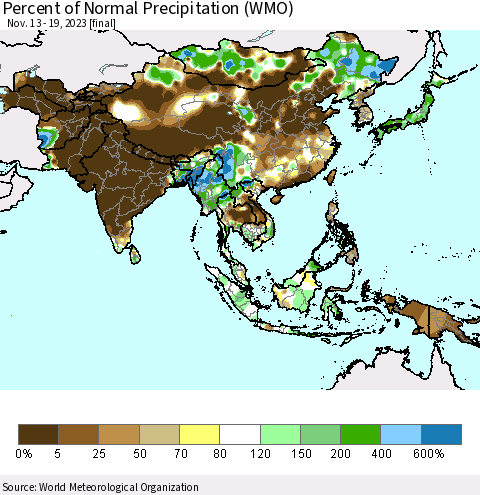 Asia Percent of Normal Precipitation (WMO) Thematic Map For 11/13/2023 - 11/19/2023