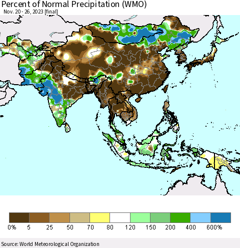 Asia Percent of Normal Precipitation (WMO) Thematic Map For 11/20/2023 - 11/26/2023