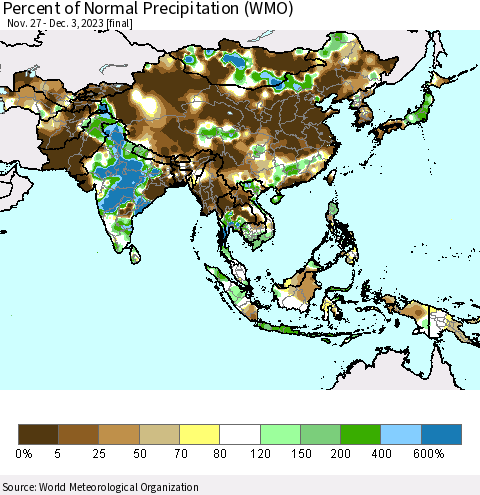 Asia Percent of Normal Precipitation (WMO) Thematic Map For 11/27/2023 - 12/3/2023