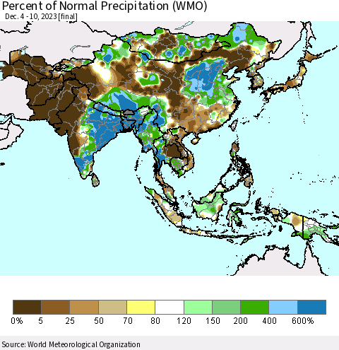 Asia Percent of Normal Precipitation (WMO) Thematic Map For 12/4/2023 - 12/10/2023