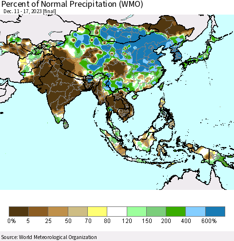 Asia Percent of Normal Precipitation (WMO) Thematic Map For 12/11/2023 - 12/17/2023