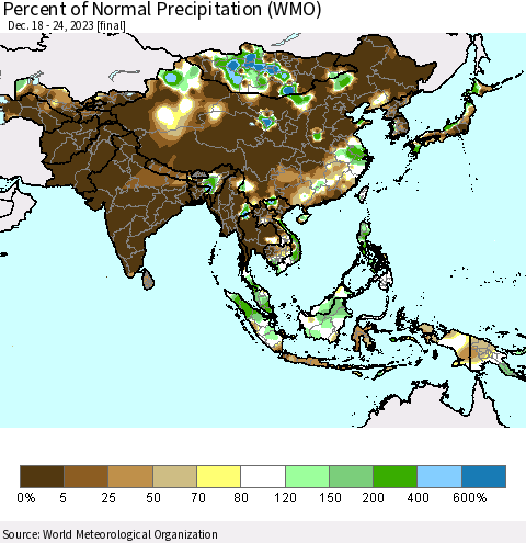 Asia Percent of Normal Precipitation (WMO) Thematic Map For 12/18/2023 - 12/24/2023