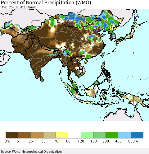 Asia Percent of Normal Precipitation (WMO) Thematic Map For 12/25/2023 - 12/31/2023
