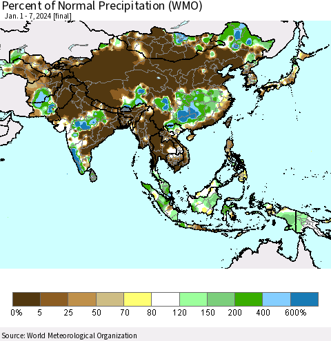 Asia Percent of Normal Precipitation (WMO) Thematic Map For 1/1/2024 - 1/7/2024