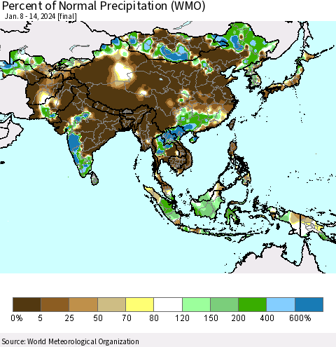Asia Percent of Normal Precipitation (WMO) Thematic Map For 1/8/2024 - 1/14/2024