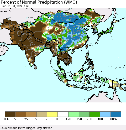 Asia Percent of Normal Precipitation (WMO) Thematic Map For 1/15/2024 - 1/21/2024