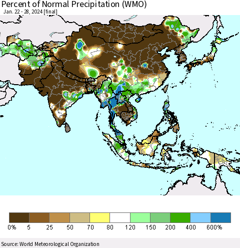 Asia Percent of Normal Precipitation (WMO) Thematic Map For 1/22/2024 - 1/28/2024