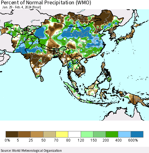 Asia Percent of Normal Precipitation (WMO) Thematic Map For 1/29/2024 - 2/4/2024