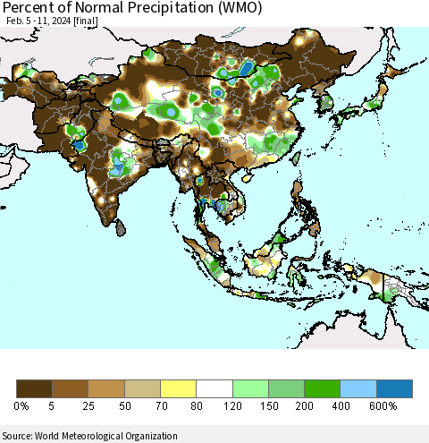 Asia Percent of Normal Precipitation (WMO) Thematic Map For 2/5/2024 - 2/11/2024