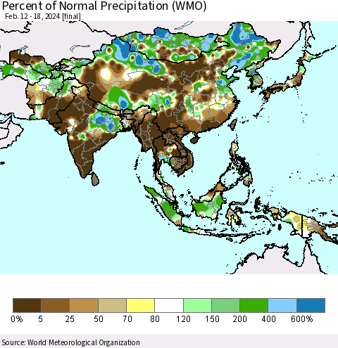 Asia Percent of Normal Precipitation (WMO) Thematic Map For 2/12/2024 - 2/18/2024