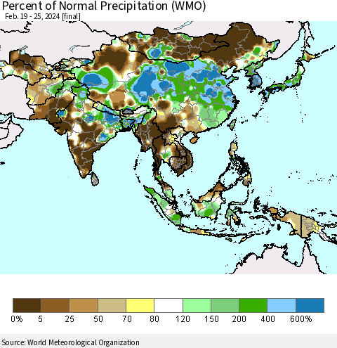 Asia Percent of Normal Precipitation (WMO) Thematic Map For 2/19/2024 - 2/25/2024