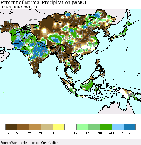 Asia Percent of Normal Precipitation (WMO) Thematic Map For 2/26/2024 - 3/3/2024