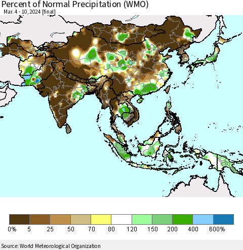 Asia Percent of Normal Precipitation (WMO) Thematic Map For 3/4/2024 - 3/10/2024