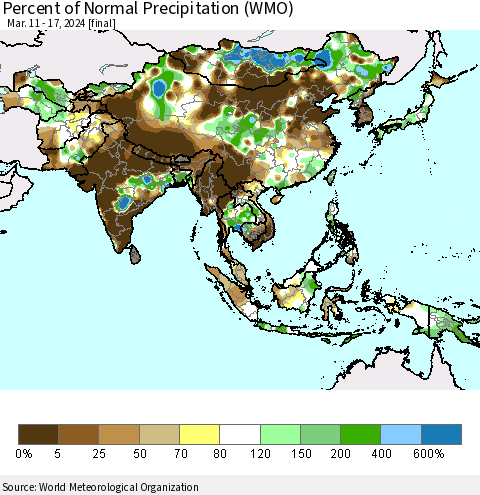 Asia Percent of Normal Precipitation (WMO) Thematic Map For 3/11/2024 - 3/17/2024