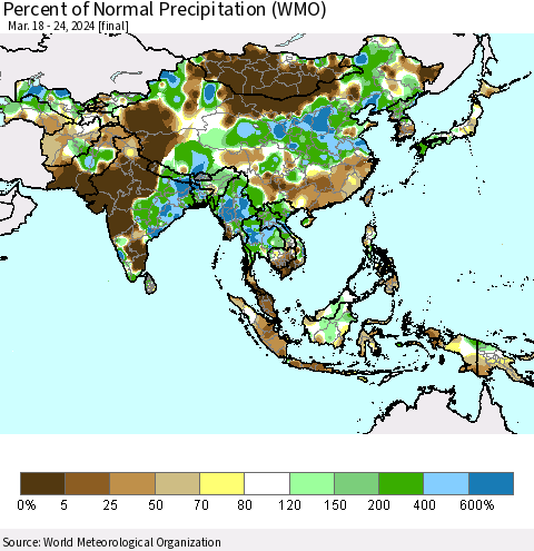 Asia Percent of Normal Precipitation (WMO) Thematic Map For 3/18/2024 - 3/24/2024