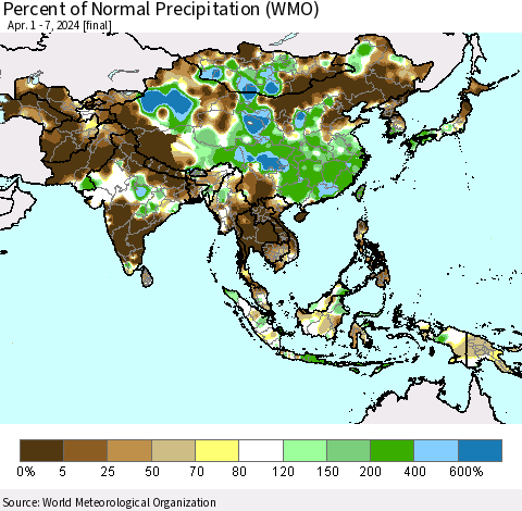 Asia Percent of Normal Precipitation (WMO) Thematic Map For 4/1/2024 - 4/7/2024