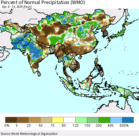 Asia Percent of Normal Precipitation (WMO) Thematic Map For 4/8/2024 - 4/14/2024