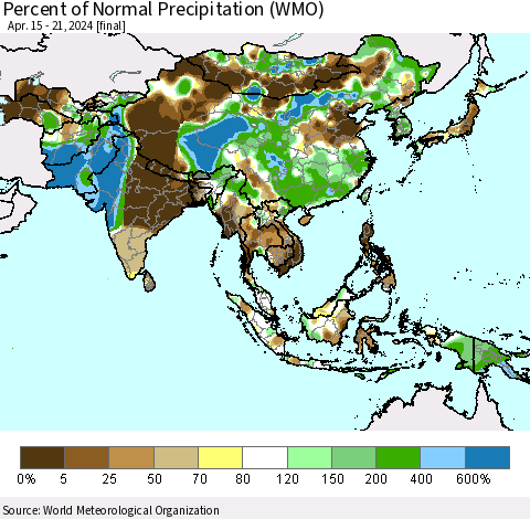 Asia Percent of Normal Precipitation (WMO) Thematic Map For 4/15/2024 - 4/21/2024