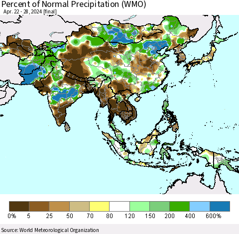 Asia Percent of Normal Precipitation (WMO) Thematic Map For 4/22/2024 - 4/28/2024