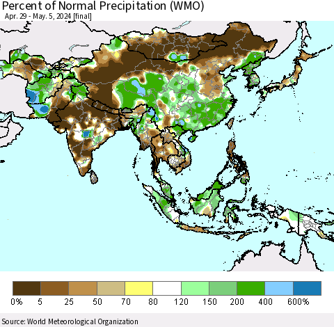 Asia Percent of Normal Precipitation (WMO) Thematic Map For 4/29/2024 - 5/5/2024