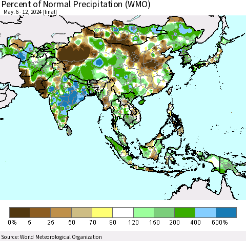Asia Percent of Normal Precipitation (WMO) Thematic Map For 5/6/2024 - 5/12/2024