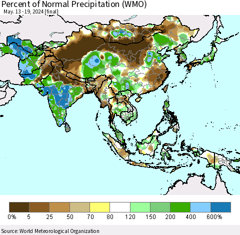 Asia Percent of Normal Precipitation (WMO) Thematic Map For 5/13/2024 - 5/19/2024