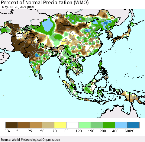 Asia Percent of Normal Precipitation (WMO) Thematic Map For 5/20/2024 - 5/26/2024