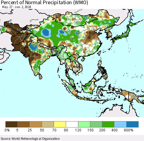 Asia Percent of Normal Precipitation (WMO) Thematic Map For 5/27/2024 - 6/2/2024