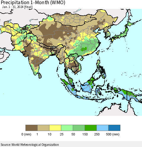 Asia Precipitation 1-Month (WMO) Thematic Map For 1/1/2024 - 1/31/2024
