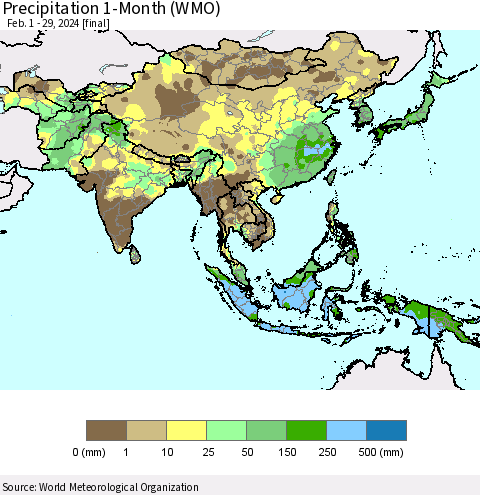 Asia Precipitation 1-Month (WMO) Thematic Map For 2/1/2024 - 2/29/2024