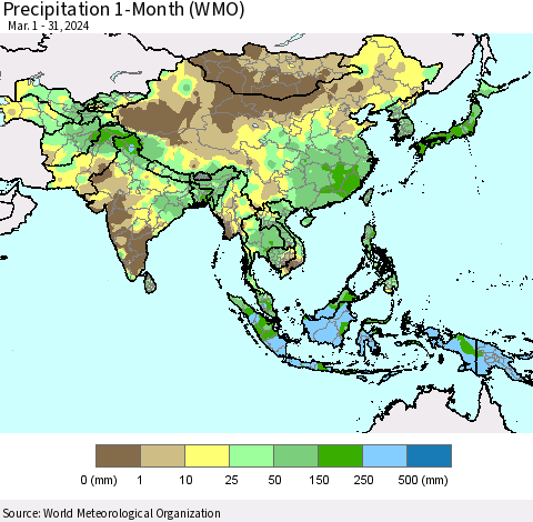 Asia Precipitation 1-Month (WMO) Thematic Map For 3/1/2024 - 3/31/2024