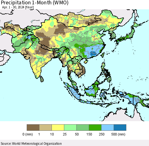 Asia Precipitation 1-Month (WMO) Thematic Map For 4/1/2024 - 4/30/2024