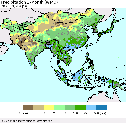 Asia Precipitation 1-Month (WMO) Thematic Map For 5/1/2024 - 5/31/2024