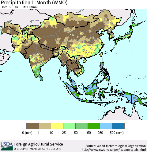 Asia Precipitation 1-Month (WMO) Thematic Map For 12/6/2022 - 1/5/2023
