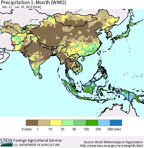 Asia Precipitation 1-Month (WMO) Thematic Map For 12/11/2022 - 1/10/2023