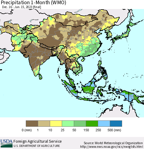 Asia Precipitation 1-Month (WMO) Thematic Map For 12/16/2022 - 1/15/2023