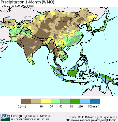 Asia Precipitation 1-Month (WMO) Thematic Map For 12/21/2022 - 1/20/2023