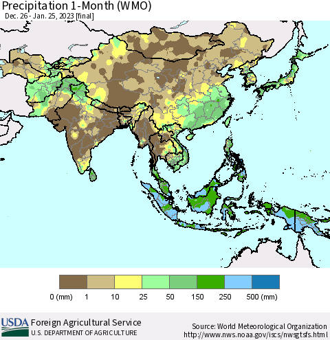 Asia Precipitation 1-Month (WMO) Thematic Map For 12/26/2022 - 1/25/2023