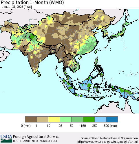 Asia Precipitation 1-Month (WMO) Thematic Map For 1/1/2023 - 1/31/2023
