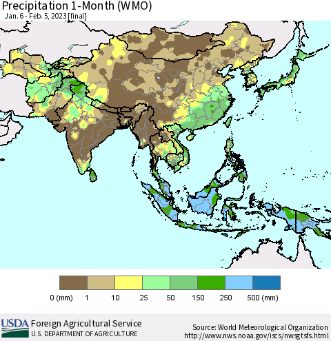 Asia Precipitation 1-Month (WMO) Thematic Map For 1/6/2023 - 2/5/2023
