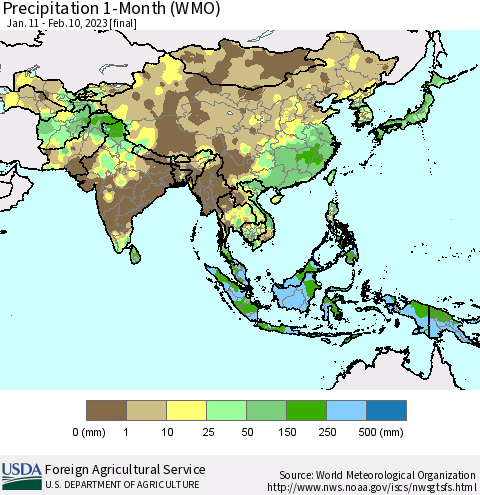 Asia Precipitation 1-Month (WMO) Thematic Map For 1/11/2023 - 2/10/2023
