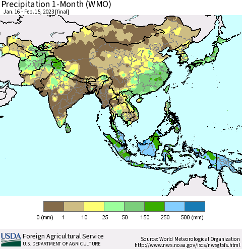 Asia Precipitation 1-Month (WMO) Thematic Map For 1/16/2023 - 2/15/2023