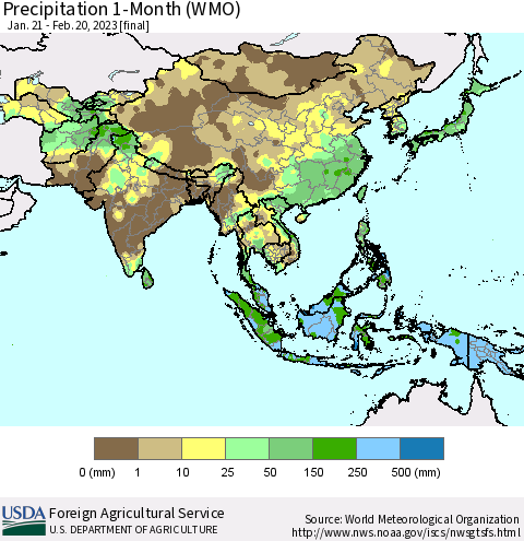 Asia Precipitation 1-Month (WMO) Thematic Map For 1/21/2023 - 2/20/2023